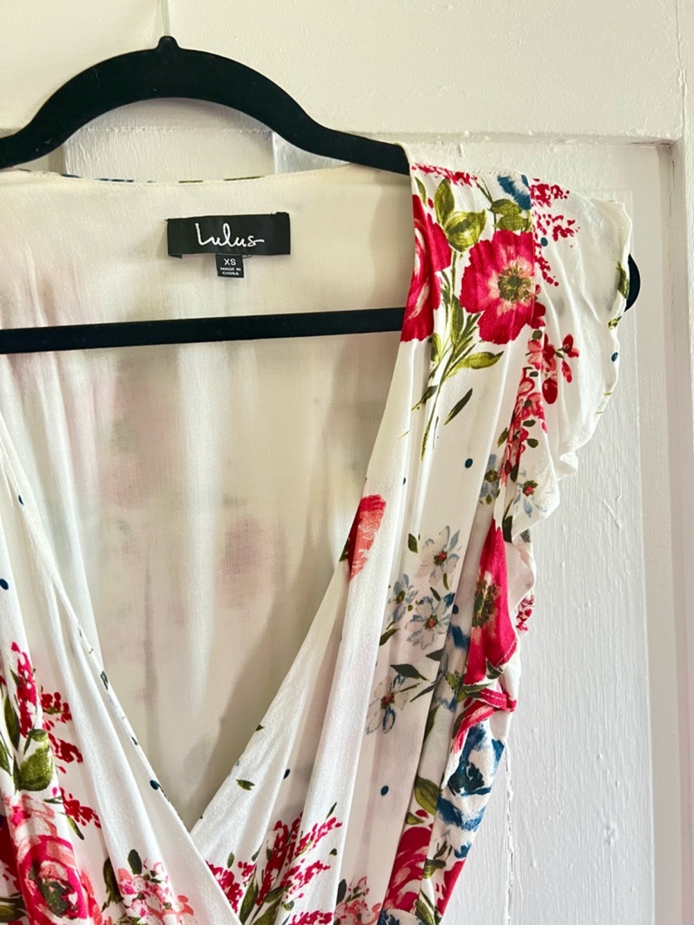 Lulu's White Floral Wrap Dress with Pink & Green Accents